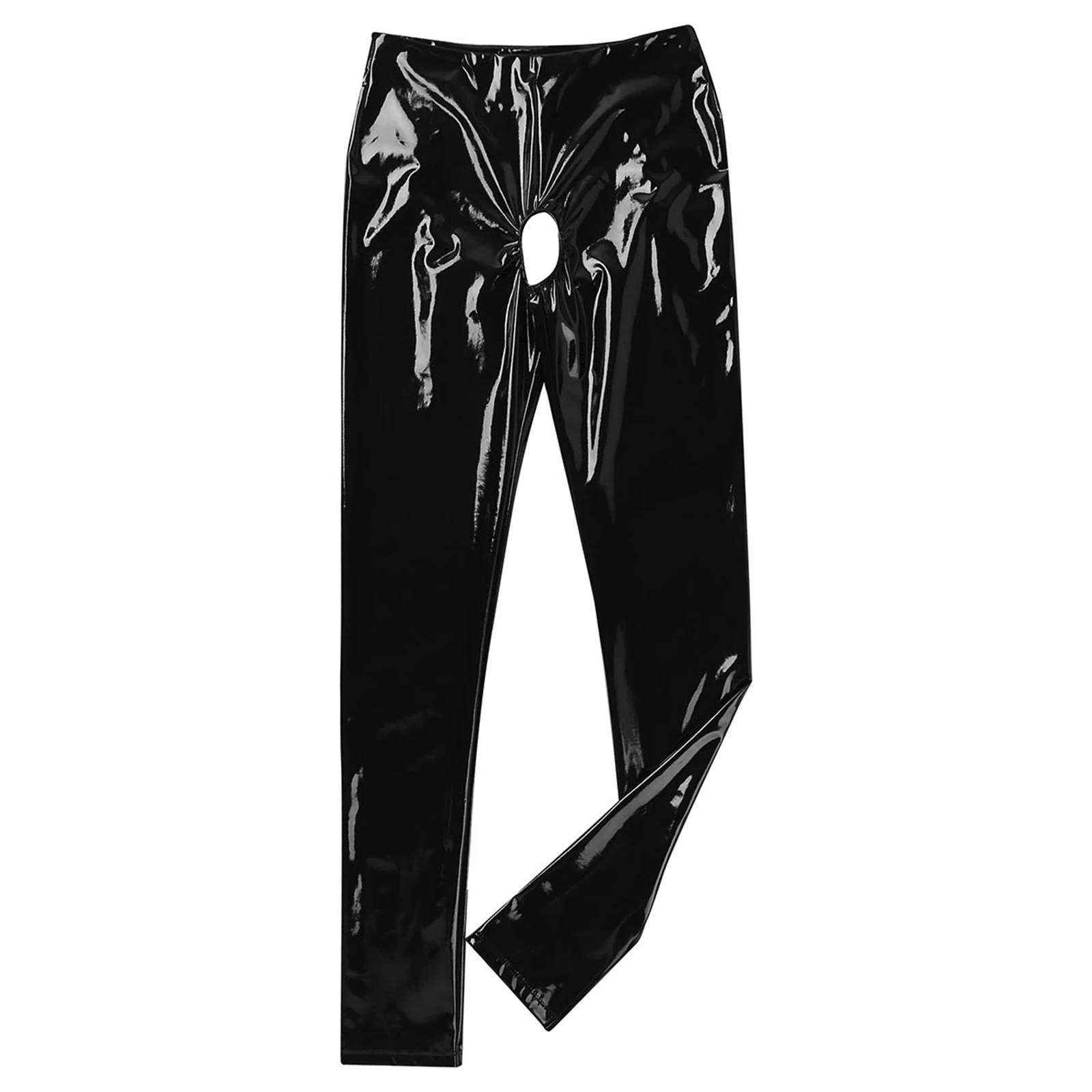 Mens Erotic Open Crotch Latex Leather Skinny Pants Wetlook Cutout Sexy Leggings Crotchless Open Butt Trousers Clubwear Stretchy