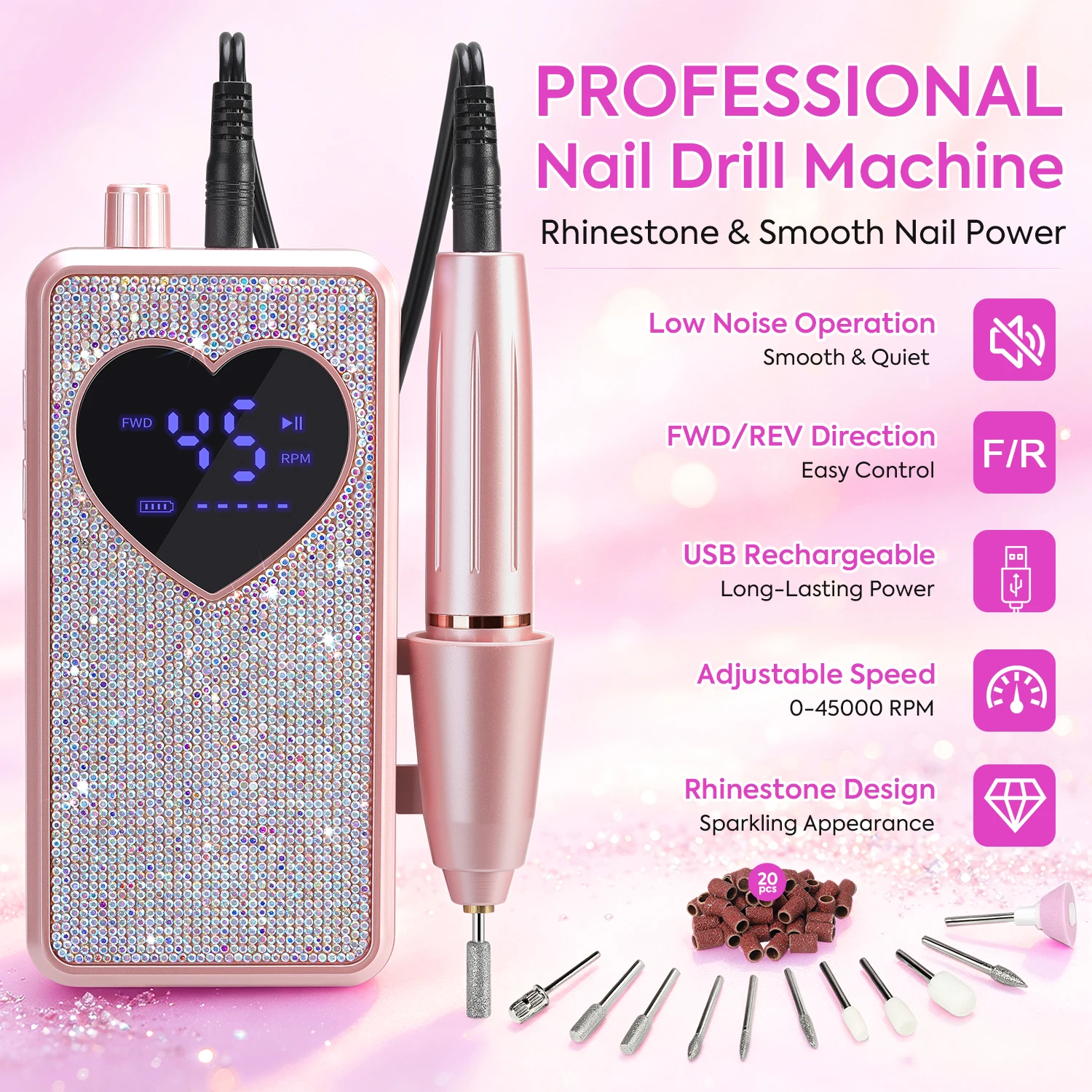 45000RPM Electric Nail Drill Machine, LCD Display, Forward Reverse, Type-C Rechargeable, Manicure Pedicure Tool