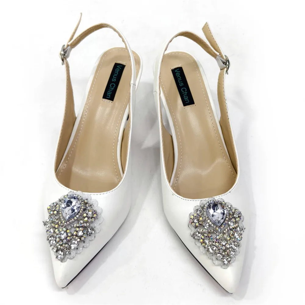 Italian Design White Elegant Ladies Fashion Crystal Bow Pointed Toe Shoes Daily or Party Shoes Bag Set For Women