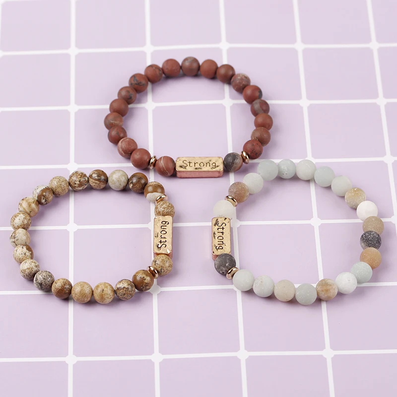 Word Strong Natural Stone Bracelet Motivational Letter Stretch Bangle 3 Colors Beads Chain For Friends Sister Hope Bless Gift