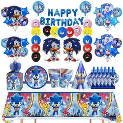 Cartoon Sonic Theme Birthday Party Decoration Set, Flag Pulling, Bolo Balão, Toalha De Mesa, Fontes Do Partido, Louça Descartável