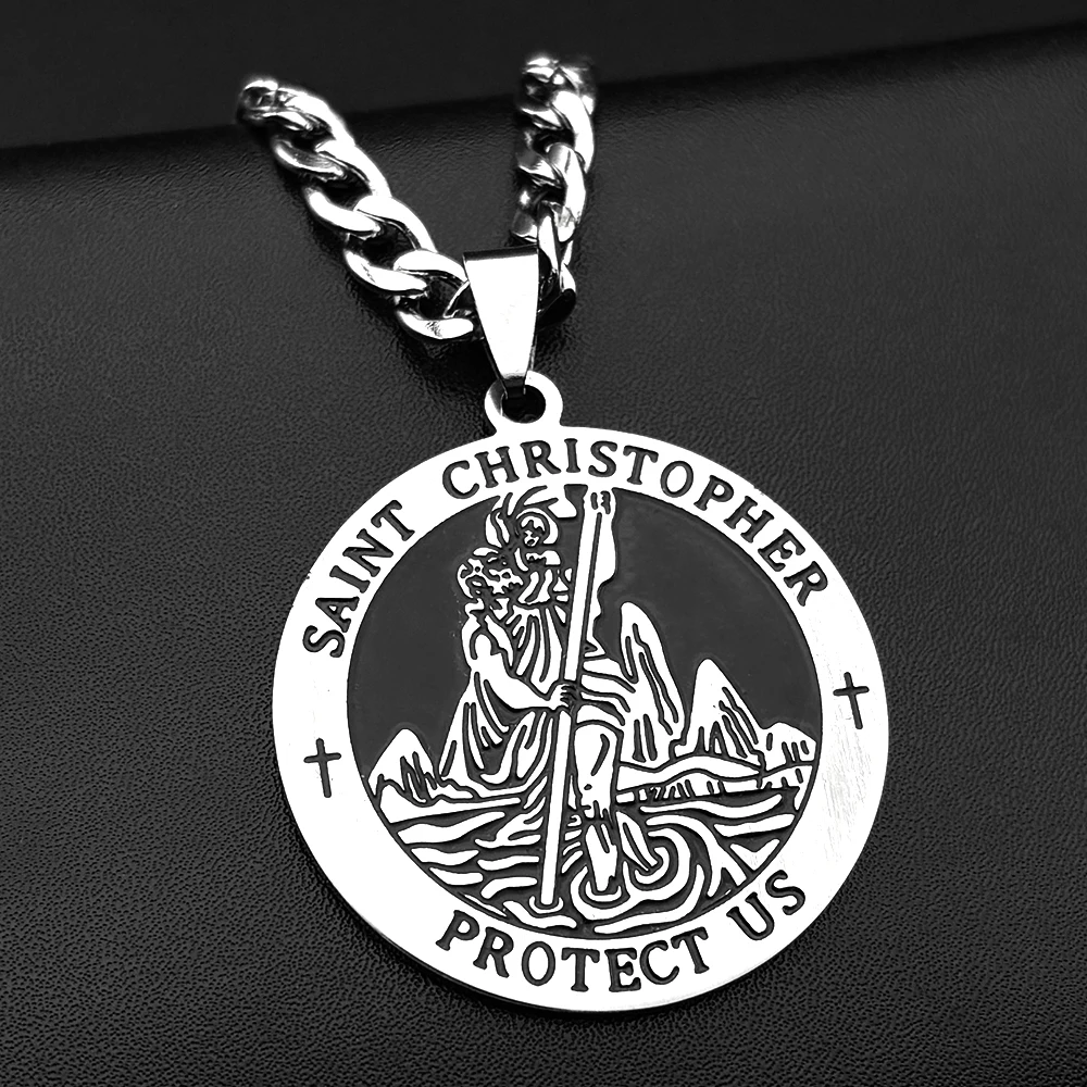 Saint Christopher Protect Us Enamel Medal Pendant Necklace for Women Men Stainless Steel Christian Chain Amulet Jewelry Gift