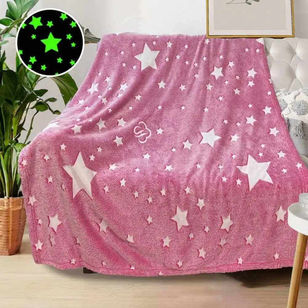 Glow Dark Blanket Bedroom Star Decoration Glow Dark Star Pattern Fleece Blanket Soft Pink Throw for Girls Women Comfortable