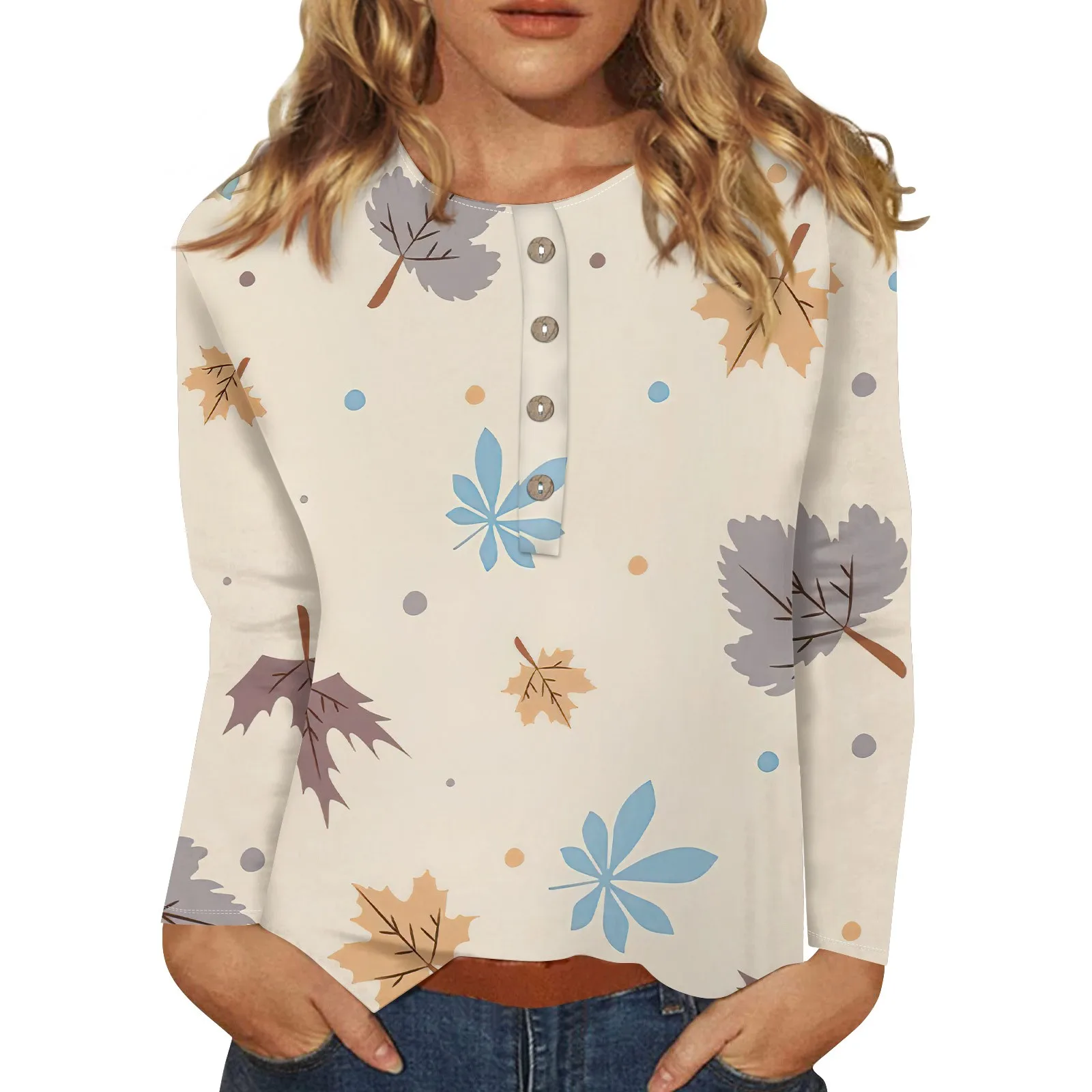 Female Leaves Printed Fashion Casual Long Sleeve Button Round Neck Top Daily Regular Fit Lightweight Comfortable Commute Shirt