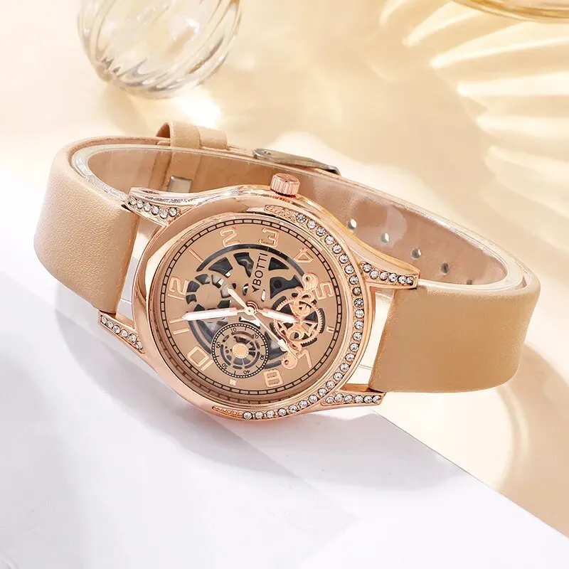 Women\'s Fashion Watch Casual Khaki Leather Belt Watches Ladies Rhinestone Quartz Wristwatches Bracelet Set Clock Montre Femme