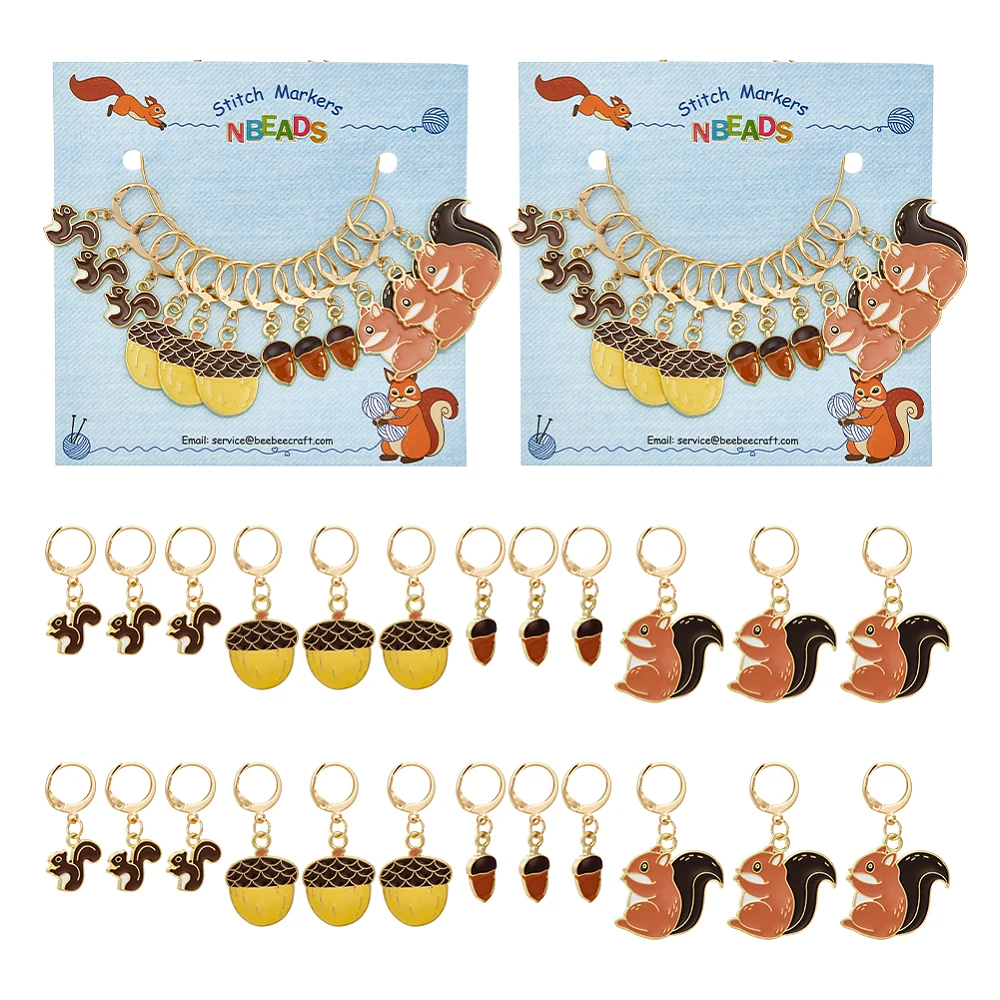 

24PCS Autumn Theme Alloy Enamel Acorn & Squirrel Pendant Locking Stitch Markers 304 Stainless Steel Clasp Stitch Marker Mixed