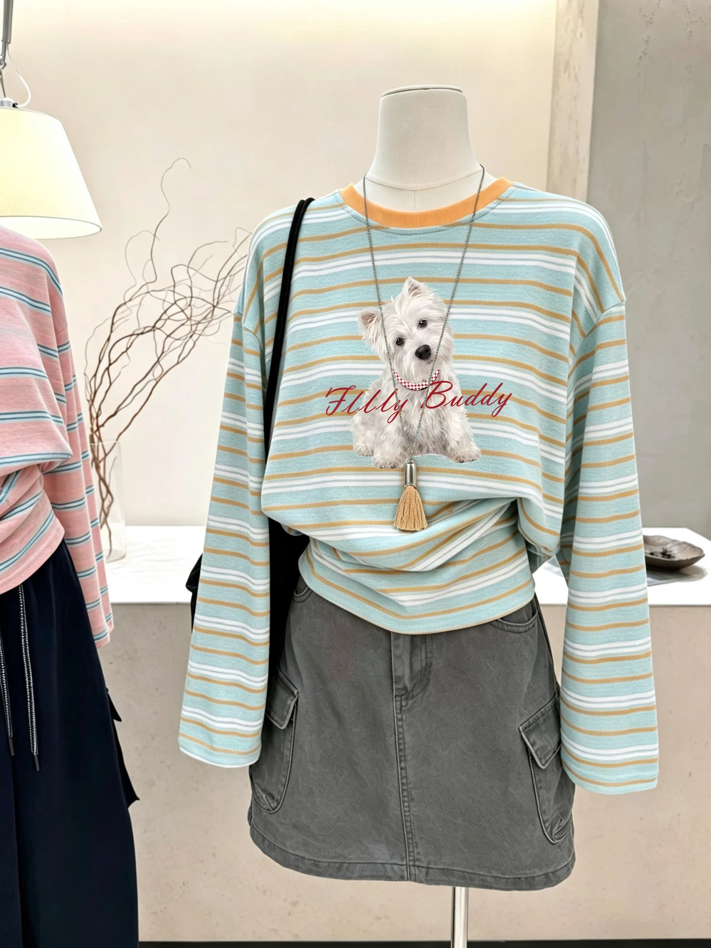 Loose Long Sleeve T-Shirt Women's Korean Style Rainbow Stripes Print Cotton Casual Top Slimming Cover up Shirt for Autumn