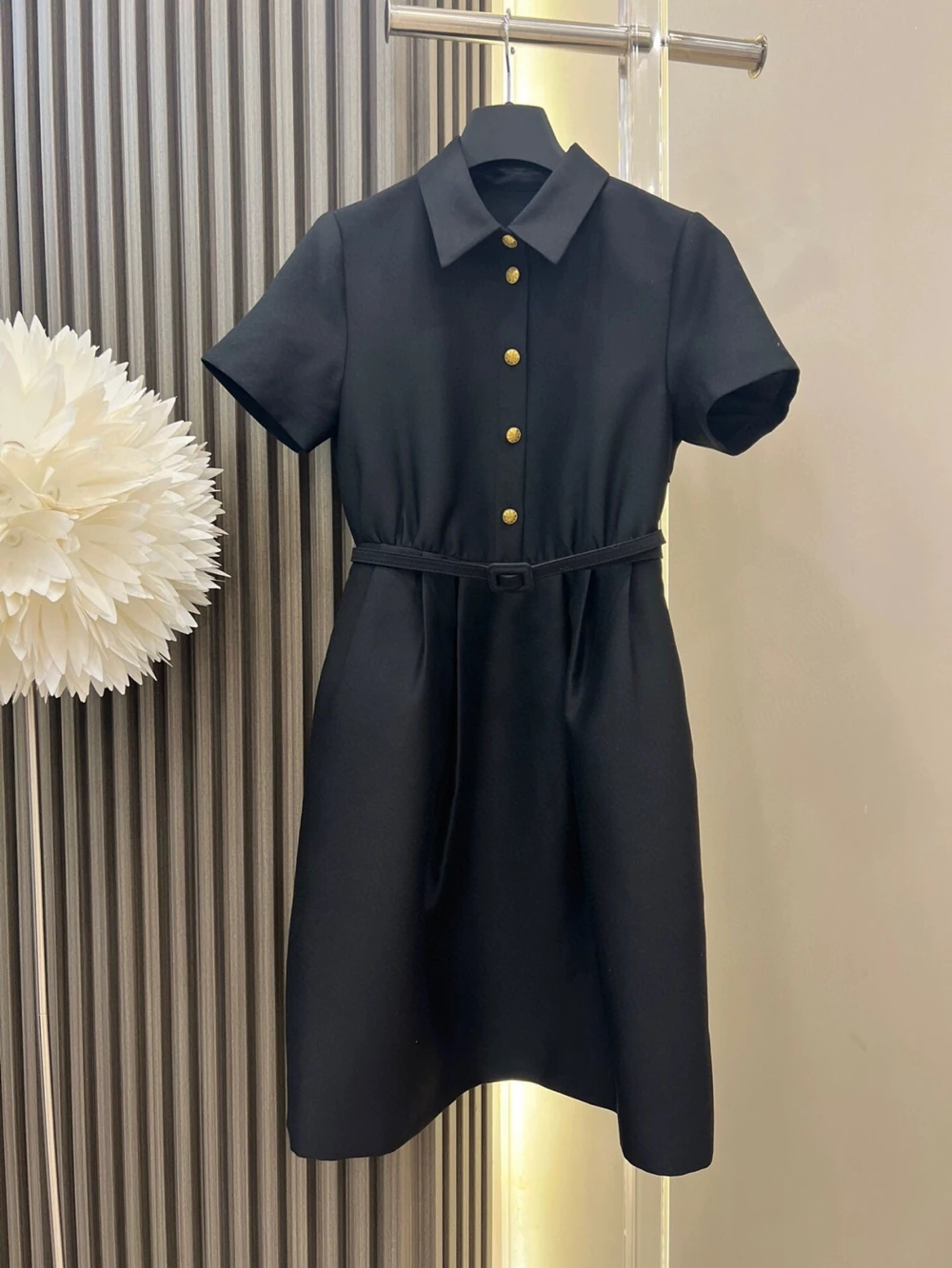 

Commute Fashionable Short Sleeve Collar Little Black Dress Summer 2024 New Elegance Simple Black Dress A-Line Skirt