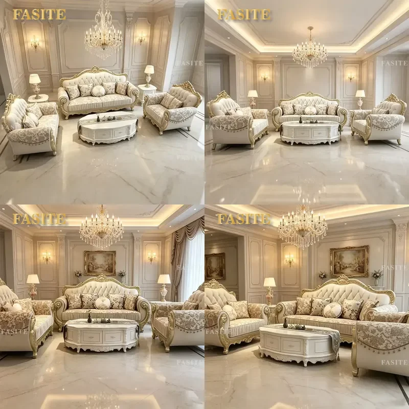 For European Style Villa Classic Golden Royal Luxury Fabric Sofa Set Wooden Frame 1 2 3 Seater Sectional Living Room