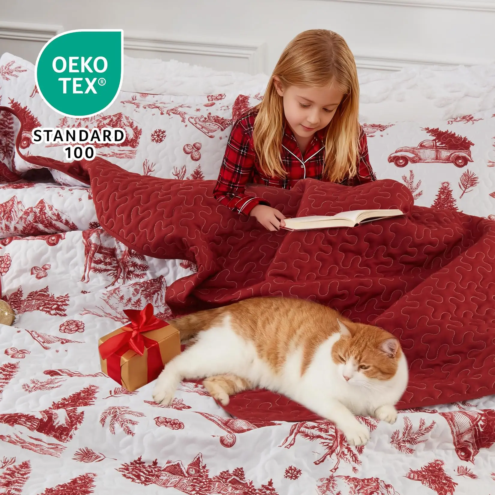 Reversible Christmas Quilt Set - 3-Piece Holiday Bedding with Floral Boho Farmhouse Design, Includes Quilt & 2 Shams