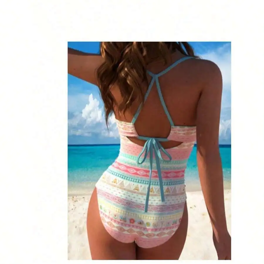 

Women Boho Geometric Print One Piece Swimsuit V-Neck Strappy Bathing Suit Tummy Control Colorful Pattern Monokini