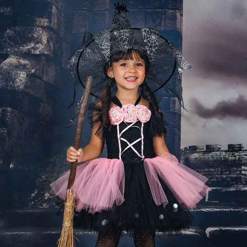 Pink Black Witch Halloween Costumes for Girls Kids Cosplay Dresses Tulle Outfit With Hat Evil Queen Dress Up Tutus Clothing 2-10