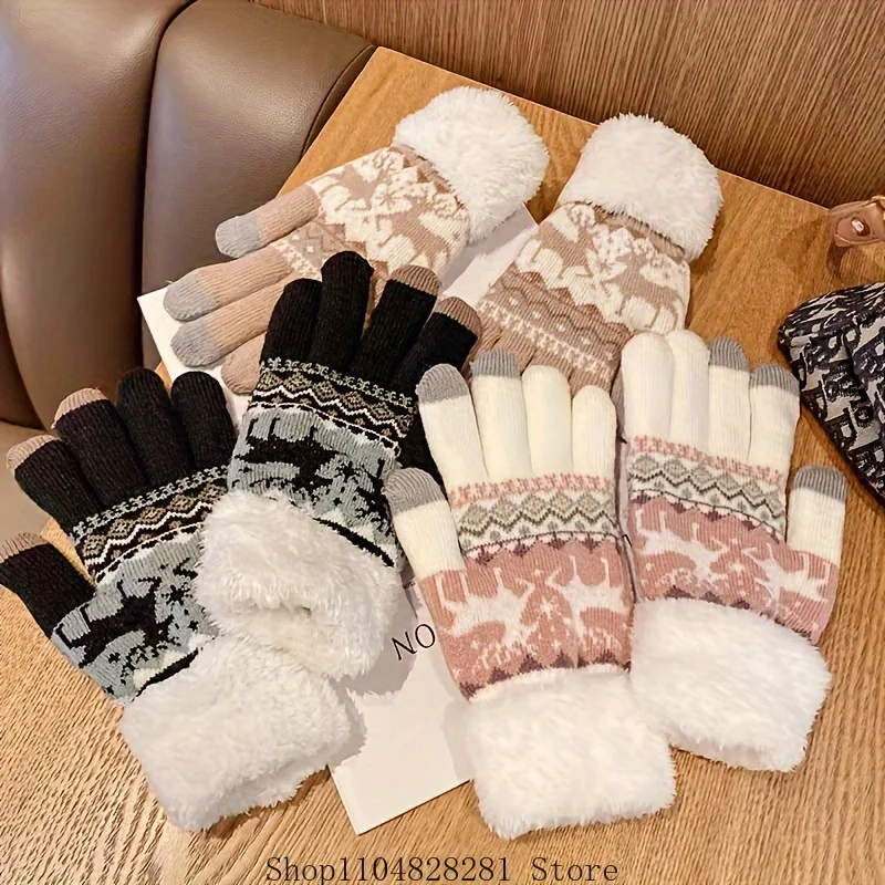 2025 Christmas Reindeer Jacquard Knit Gloves Plush Cuff Thick Warm Gloves Autumn Winter Soft Coldproof Touchscreen Gloves