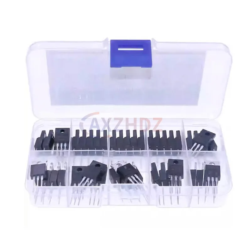 50Pcs 10Types TO-220 Field-Effect Transistor Mosfet Mixed Kit Box 2N60 4N60 5N60 8N60 10N60 12N60 20N60 13003 MBR20100 75NF75