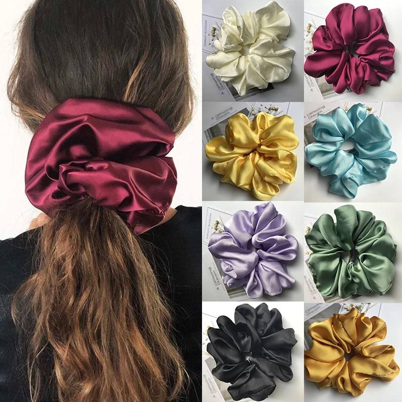 Newest Korean Woman Big Elegant Silk Elastics Hair Band Solid Color Scrunchies Hair Ties Ladies Ponytail Hold Hair Accessories