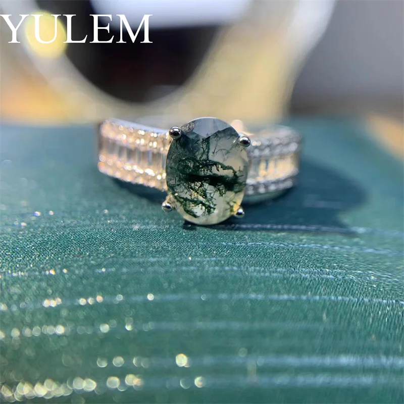 YULEM 925 Sterling Silver Moss Agate Ring Vintage Oval Cut Agate Engagement Ring for Gift 6X8MM