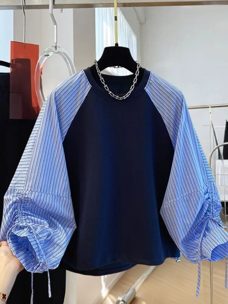 Spring Autumn Elegant Sweatshirt Niche Casual Patchwork Contrasting Color Raglan Shirt Women's Drawstring Cinched Top