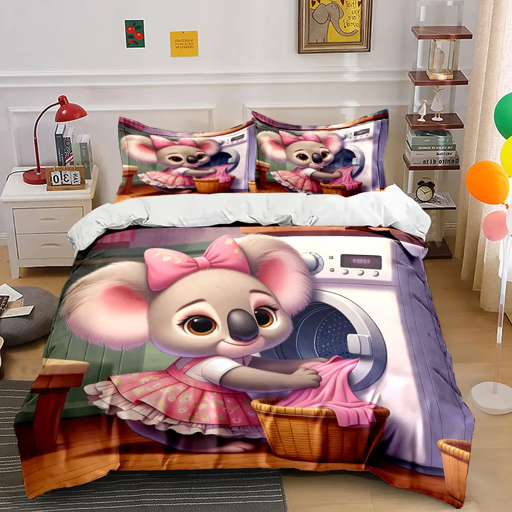 Cute koala doing laundry Printed Duvet Cover Set 1 Duvet Cover+2 Pillowcase Multi Size Bedroom Bedding Decor Luxury Gift