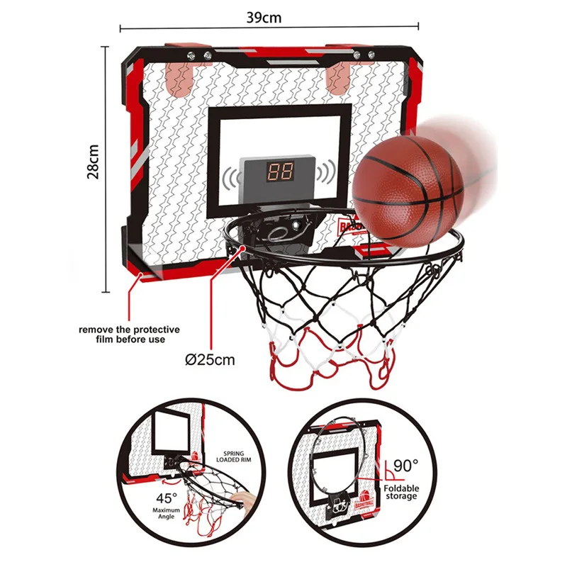 Pontuação de placa de basquete deseducável para crianças, integrador de estrutura de ferro dobrável, placa de basquete luminescente