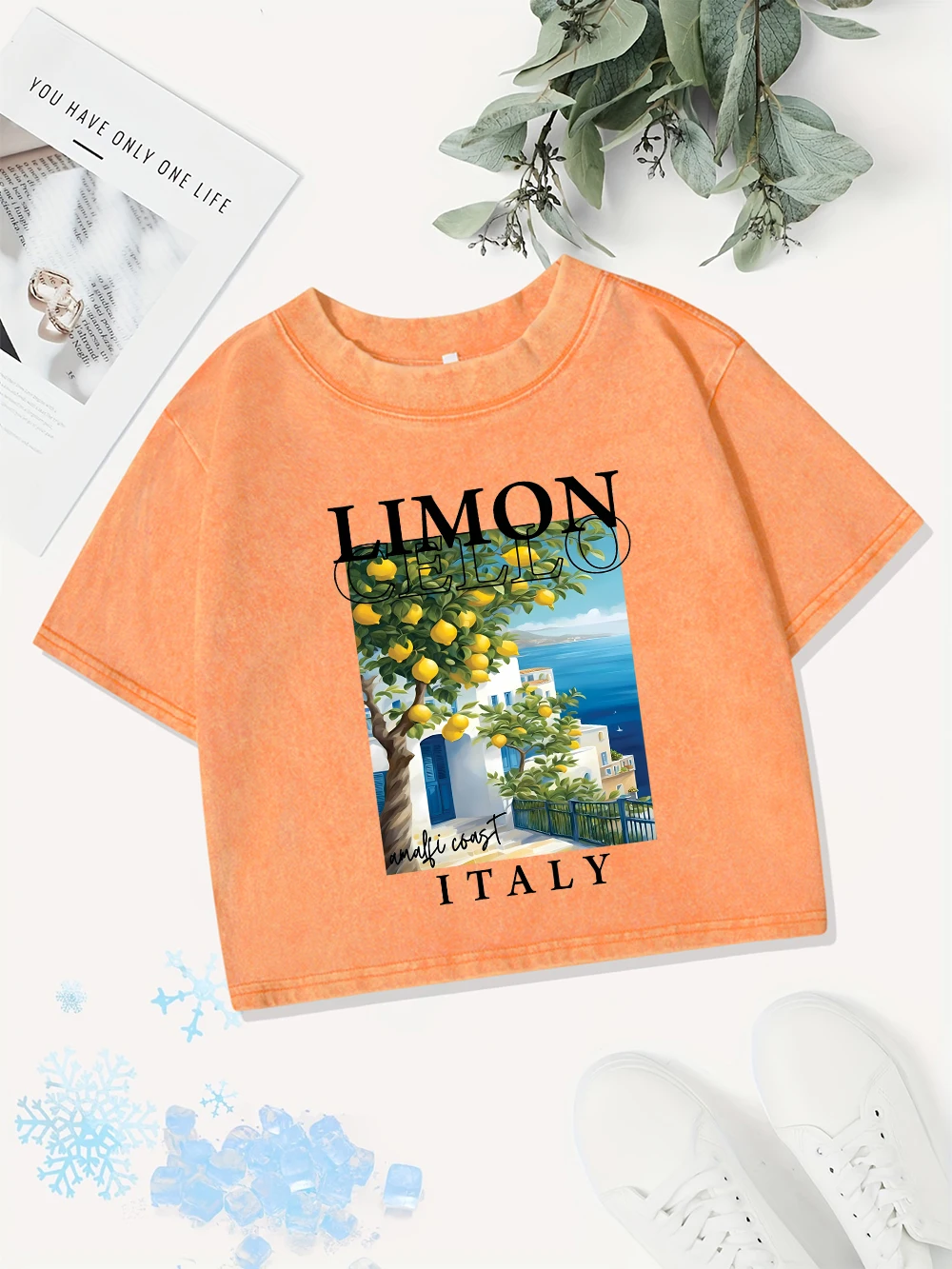 Sexy Baumwolle Crop Tops Damen Amalfi Coast Italy Lemonprinting Washed T-Shirts Sommer O-Ausschnitt Regular Fit Tees Y2K Damenkleidung