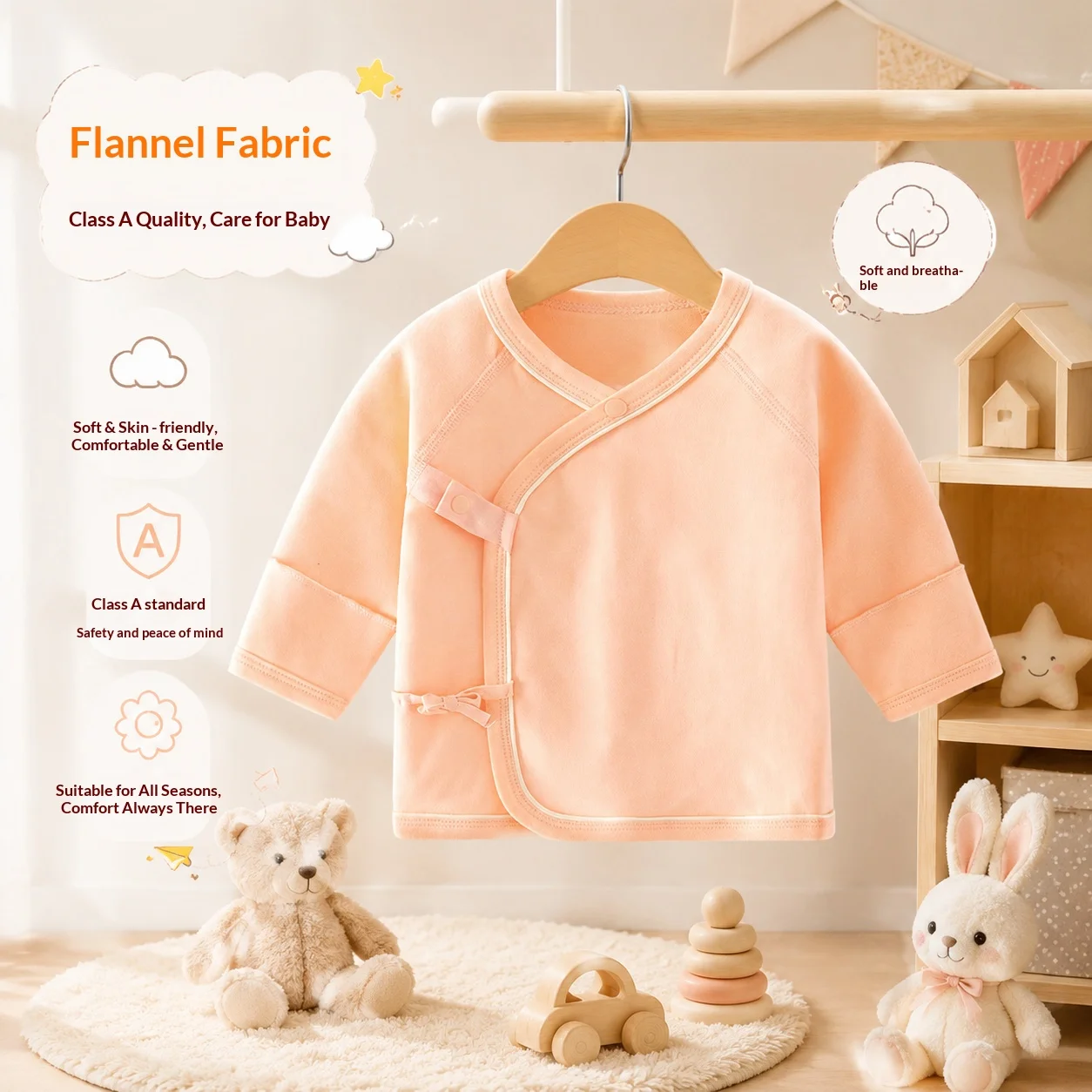 A Class Pure Cotton Newborn Half Back Undershirt Four Seasons Regular Long Sleeve Kimono Top Side Opening Tie Knot Design Soft S