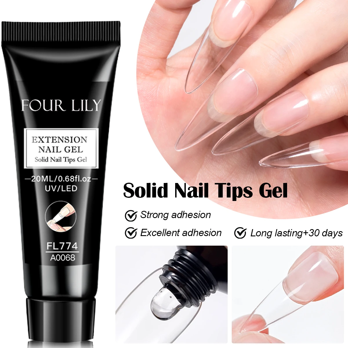 20ml Solid Nail Tips Gel for Press On Nails, Adhesive 3 in 1 Nail Gel for Fake Nails, Super Strong Acrylic Nail Gel