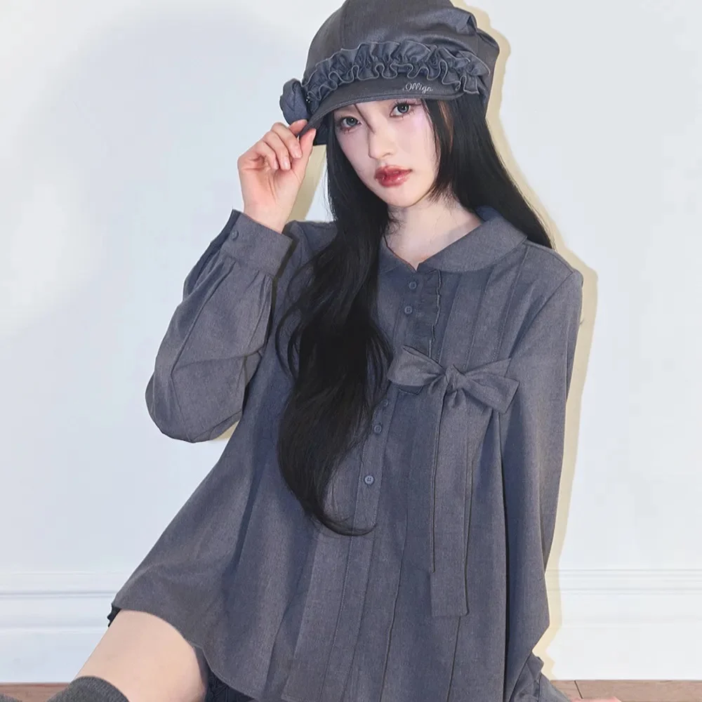 Retro Bow Tie Pleated Shirt Women's Loose Fit Long Sleeve Casual Top Chinese Style Fashion Ladies' Premium Clothing