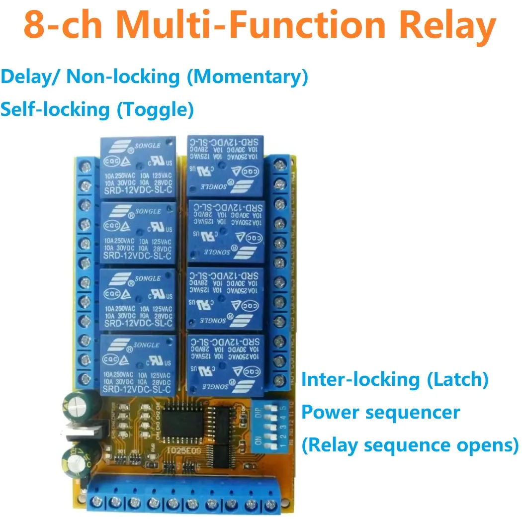 

Multifunction Power Conditioner/Sequencer Switch Interlock Latch Self-locking Momentary Relay Module DC 5V 12V 24V 8 Channels