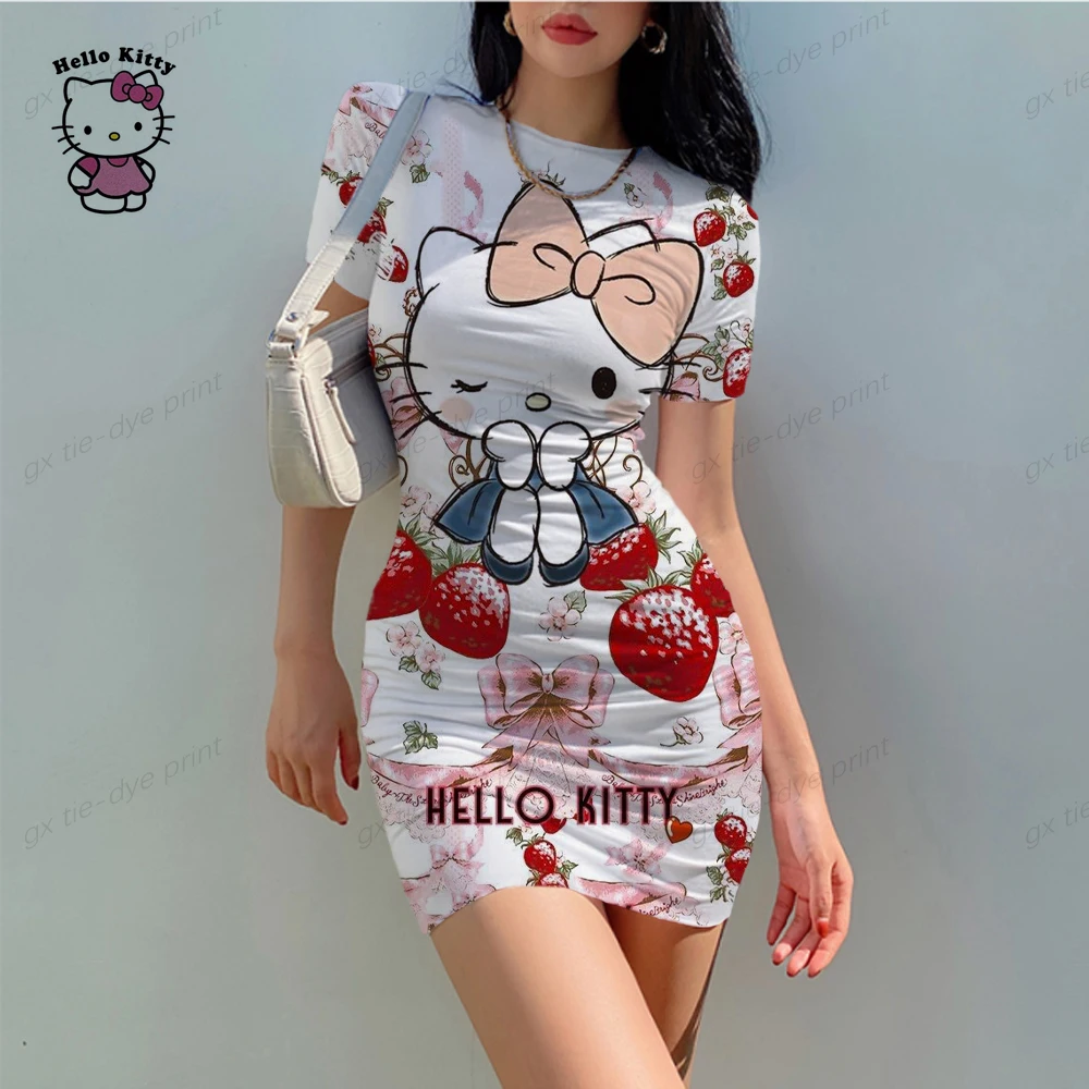 Hello Kitty Print Woman Dresses Elegant Dress Office Tight Slim Lady O Neck Summer Casual Cartoon 3D print Mini Dress Vestidos