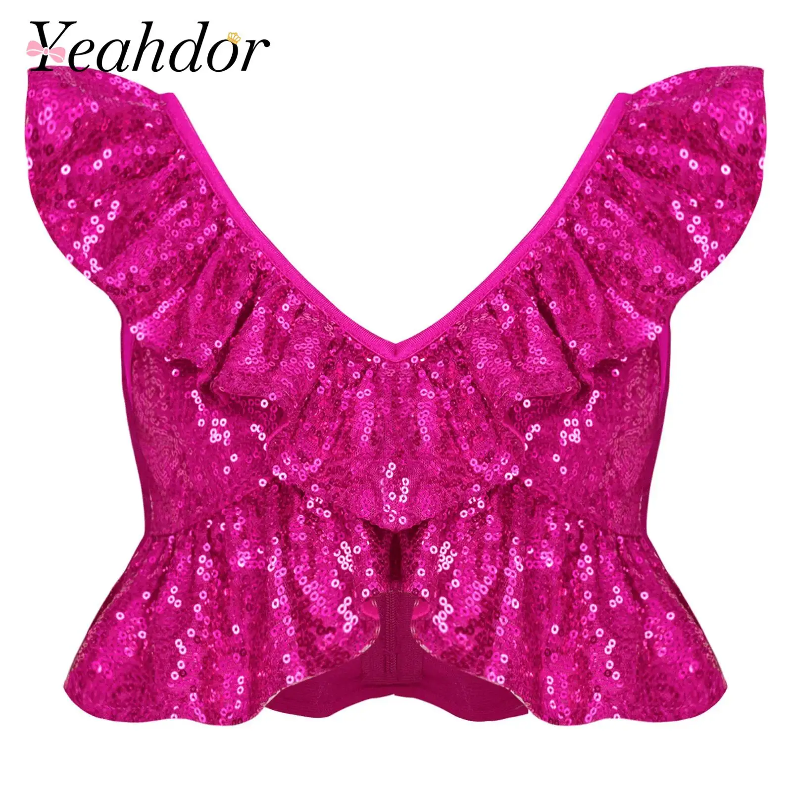 Kids Girls Sparkly Crop Top Jazz Dance Costume Sleeveless Ruffled Trims Back Sequin Tank Top for Stage Performance Disco Festive