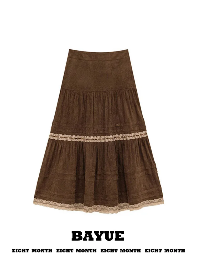 Vintage Coffee Color Suede Lace Trim Half Skirt Long A-Line Autumn Winter High Waist Ladies Casual Fashion Standard Fit