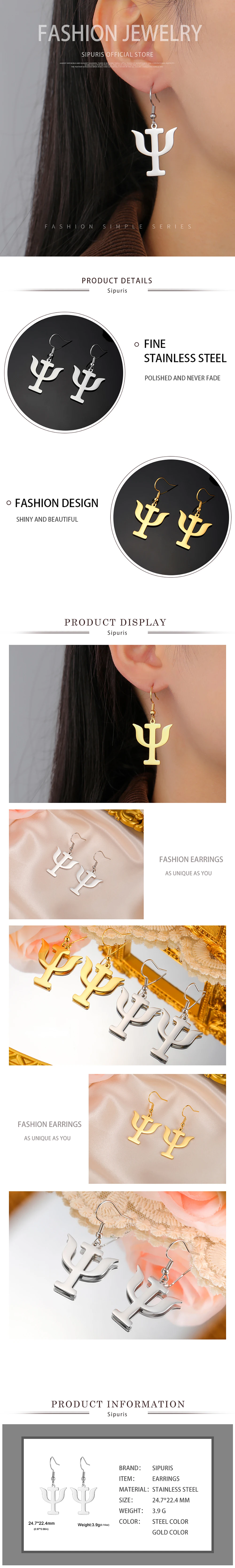 Sipuris PSI Symbol Psychologie-Anhänger, Hängeohrringe aus Edelstahl, griechischer Buchstabe, goldfarben, Schmuck für Damen und Herren, Weihnachtsgeschenk – Detail 5