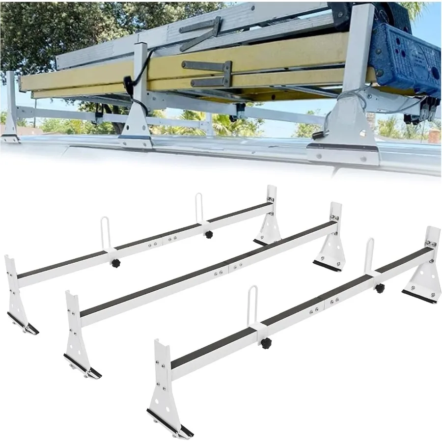 59in Roof Racks Compatible with 1996Up Chevy Express 1500 2500 3500 850 LBS Capacity 3 bar roof Ladder Rack for Van Steel White