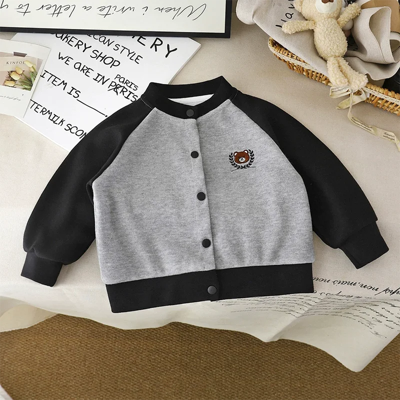 Boys Girls Baseball Jacket 1-8 Years Kids Cute Bear Embroidery Knitted Cardigan Spring Autumn Casual Color Blocking Outerwear