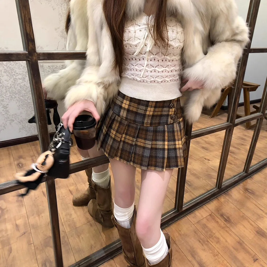 American Retro Preppy Style Contrasting Plaid  A-line Skirt, Feminine Temperament Pleated Short Skirt