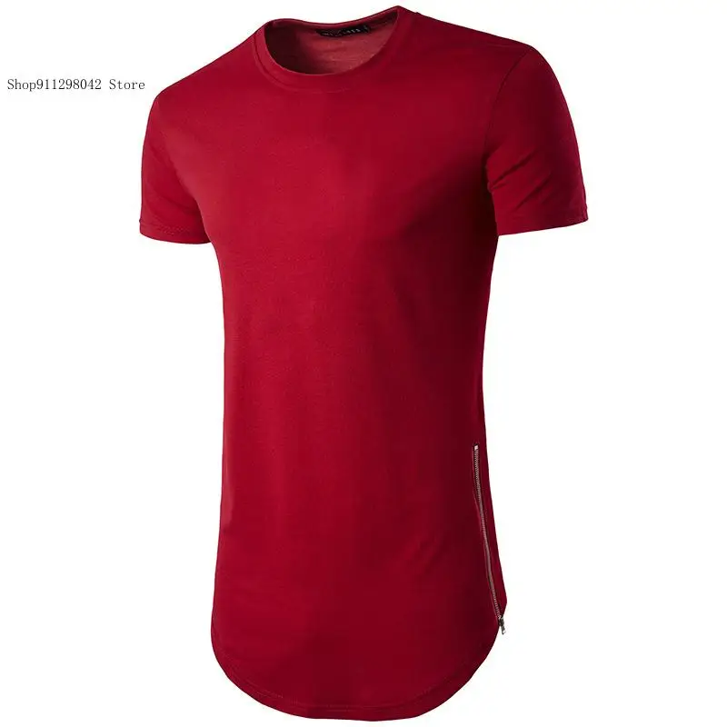 Summer Double Zipper Long Round Neck with Curved Hem Short Sleeved T-Shirt for Men