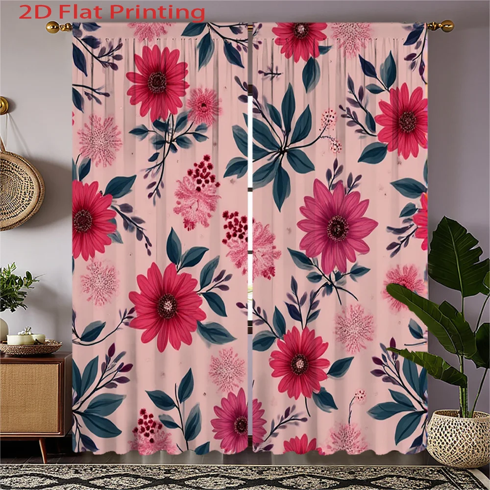2pcs Pink Floral Print Curtains with Red Flowers & Green Leaves - Semi-Transparent Flannel Fabric, Rod Pocket Design for Living