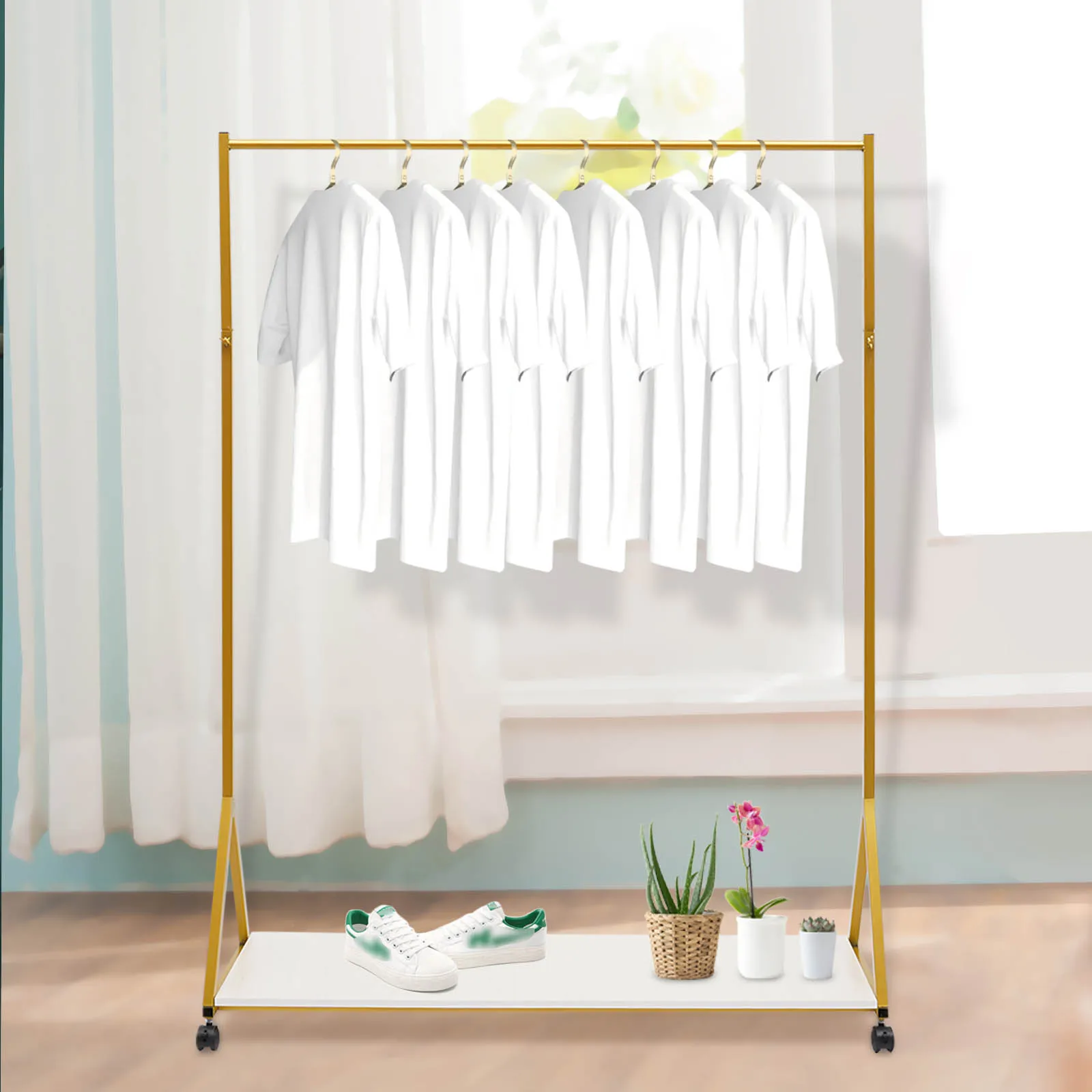 Metal Rolling Roupas Rack com Rodas, Vestido Display Stand, Gold Garment Rack, 163cm