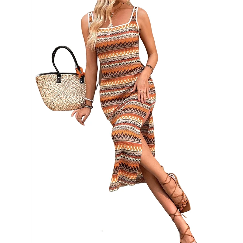 ASDS-Womens 2025 فساتين الصيف رقبة مربعة بدون أكمام تانك مخطط بوهو فستان الشمس فساتين عطلة الشاطئ