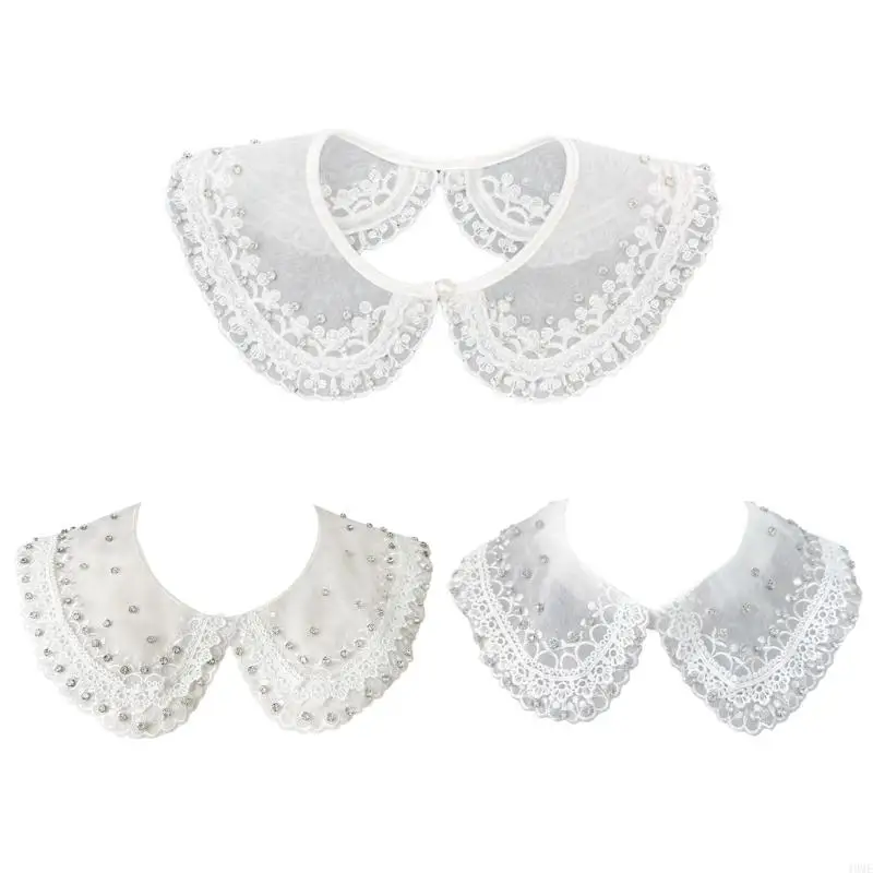 

49ME Stylish Rhinestones Embellished Faux Collar for Women Blouse Multipurpose Shirt Accessory Lace Trim Organza False Collar