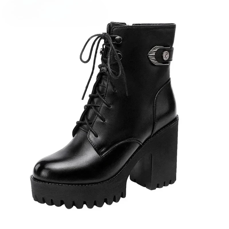 Women Round Toe Knight Boots Autumn Winter Soft Cowhide Thick Sole Thick Heel Sneaker Design Big Size Casual Walking Boots