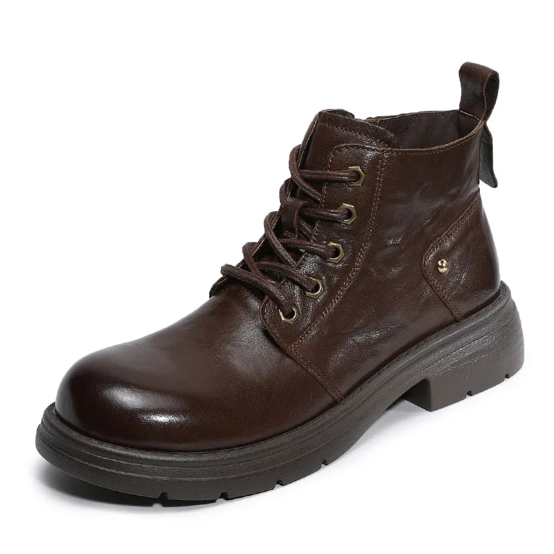 DRKANOL British Style Genuine Leather Ankle Boots For Women Retro Style Handmade Round Toe Mid Thick Heel Casual Short Boots