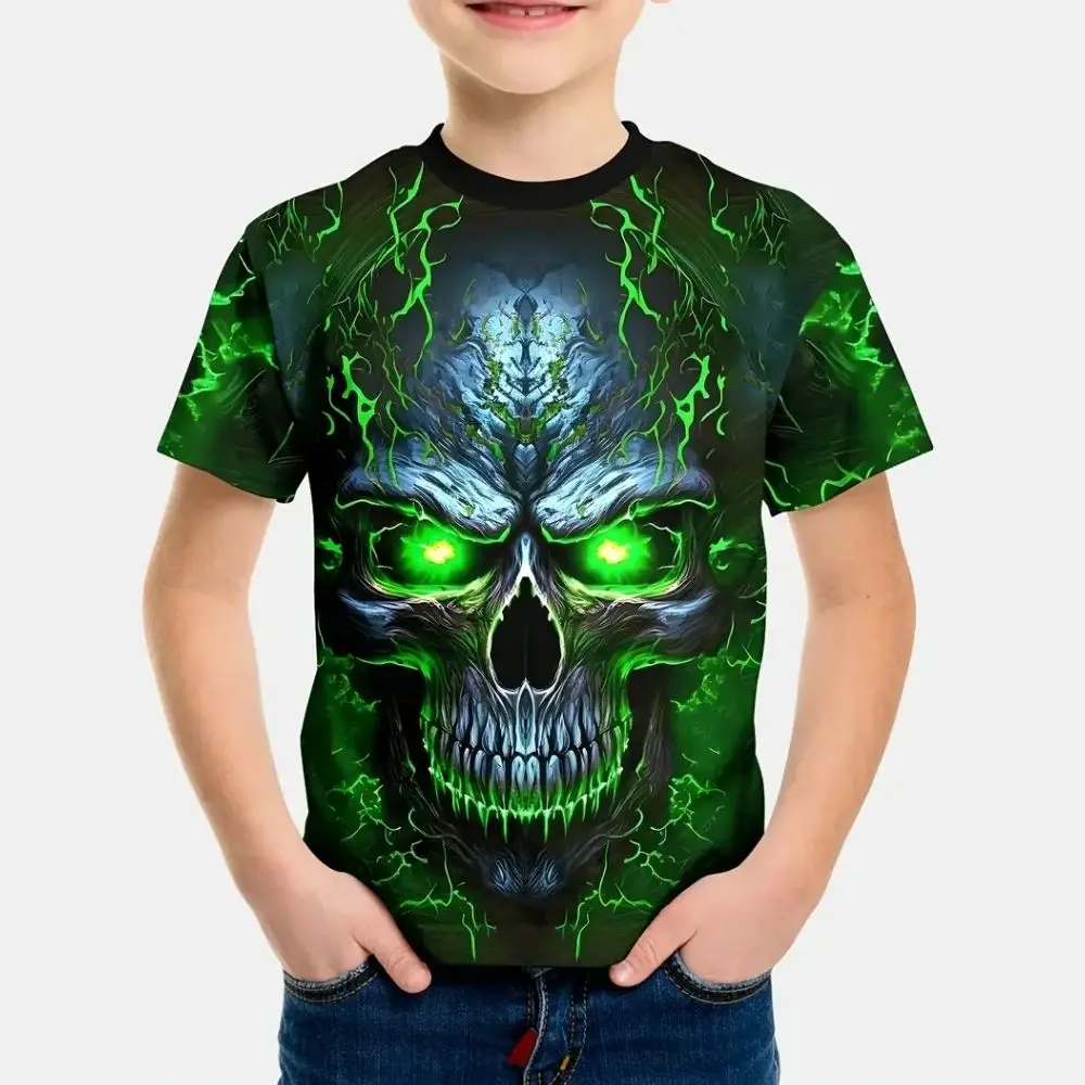 Kids Clothing Scary Skull Pattern T-Shirt, Fun Outdoor Family Matching Outfits, Summer Casual Shorts, Kids Short Sleeve T-Shirt