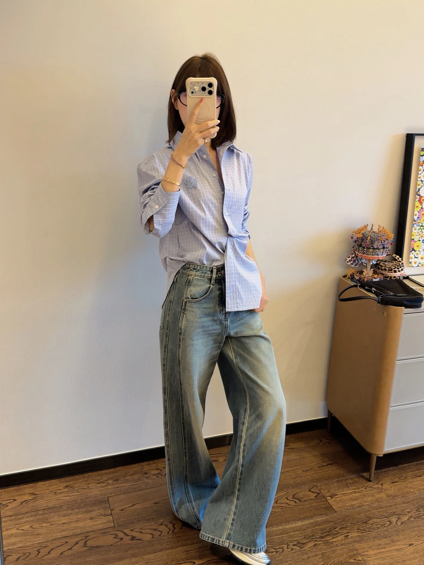 

Asbr Original Cotton Handmade Hooked Flower Long Sleeve Shirt Classic Plaid Simple Design for Small Stature Spring 2026 New A...