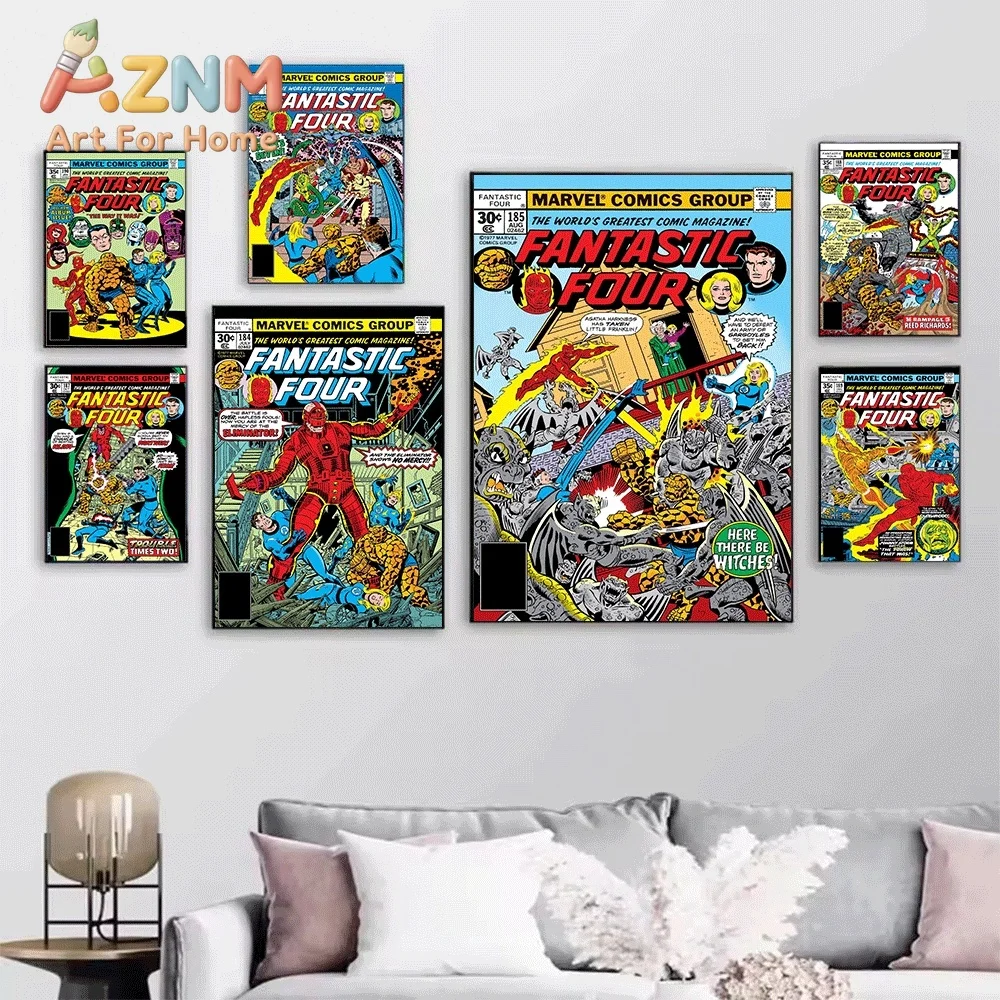 AZNM Fantastic Four It's Clobberin Time Vintage Comic Collage Canvas Wall Art Unframed Print, Superhero Poster for Bedroom Liv