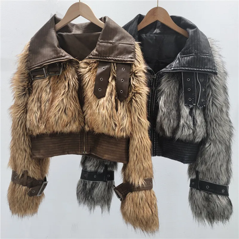 WTHT 신상 트렌디 여성용 플러시 스플라이스 PU 가죽 인조 모피 재킷 2025 겨울 라펠 긴 소매 벨트 디자인 코트 여성용 1LS2694