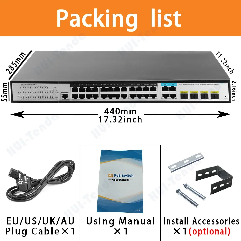 Imagem -06 - Loja-switch Ethernet Gigabit Poe 24 Portas Sfp Vlan Stp Qos 1000mbps Rj45 Hub de Comutação de Fibra Montado em Rack Montado