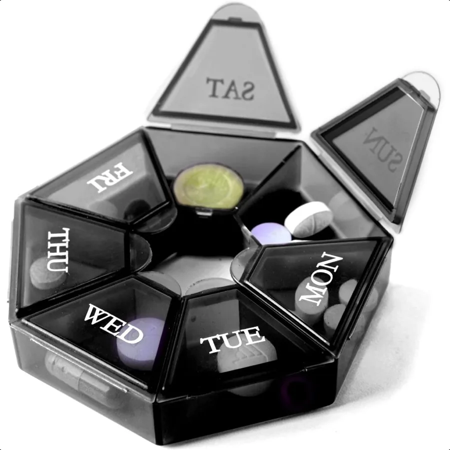 

Small Weekly Pill Organizer Round Pill Dispenser for Travel Mini Pill Organizer Compact Medicine Holder Pill Sorters 7 Days Por