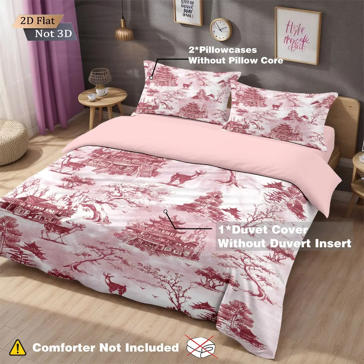 

3pcs pink antique architectural print coreless bedding comfortable multi size bedroom dormitory duvet covers, machine washable