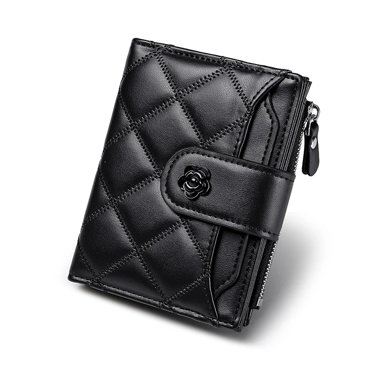 محافظ كلاسيكية للنساء من الجلد الصناعي وحقائب يد منقوشة ومحفظة مع جيب للعملات المعدنية بسحاب وزهرة قصيرة ثنائية الطي